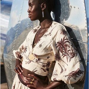 Banana Republican Linen Tropical Print Long Sleeve Wrap Top